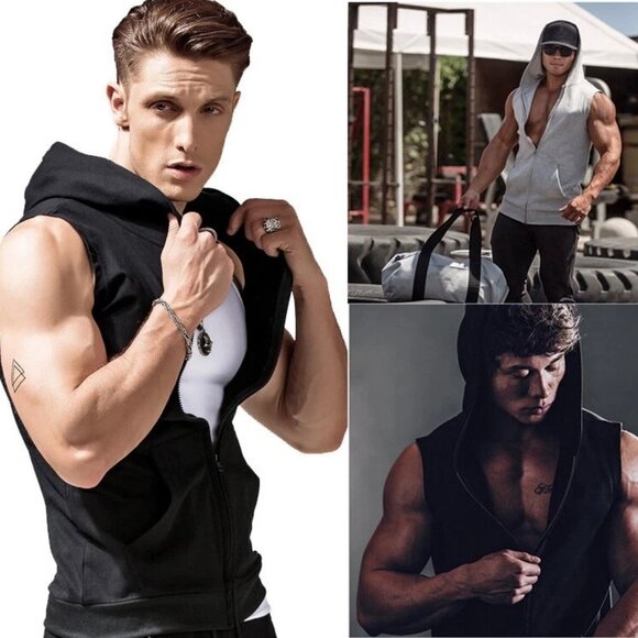 Men's Sleeveless Zipper Hoodie Hooded Workout Gym Sport Vest Tank Top - Picture 3 of 8